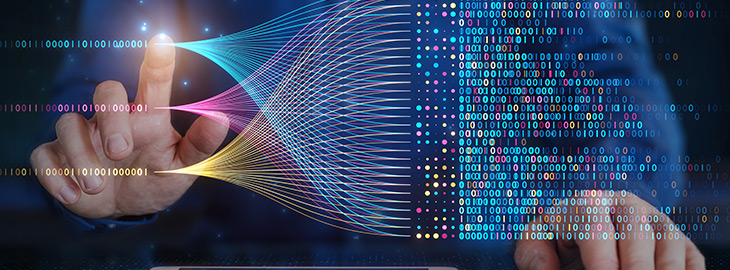 Big data technology and data science. Data scientist querying, analysing and visualizing complex data set on virtual screen. Data flow concept.