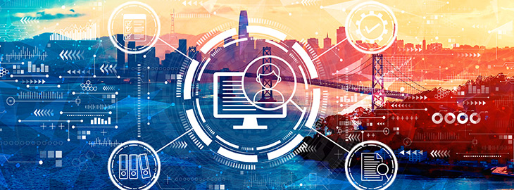 Document management system concept with aerial view of the Bay Bridge in San Francisco