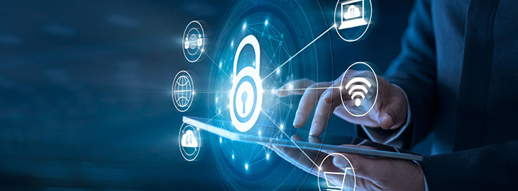 Businessman using tablet and set up network connection with shield guard to protected from cyber attacks