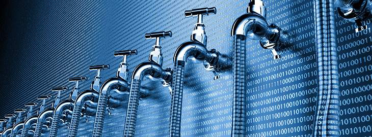 several water faucets leaking binary code