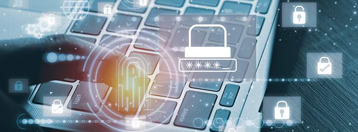 typing on keyboard with security icons overlay