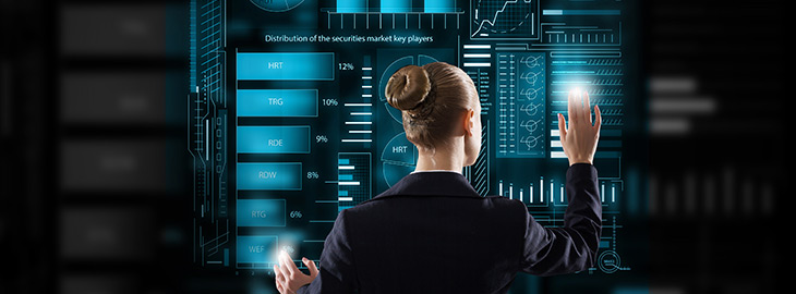 businesswoman interacting with cyber graphs and metrics
