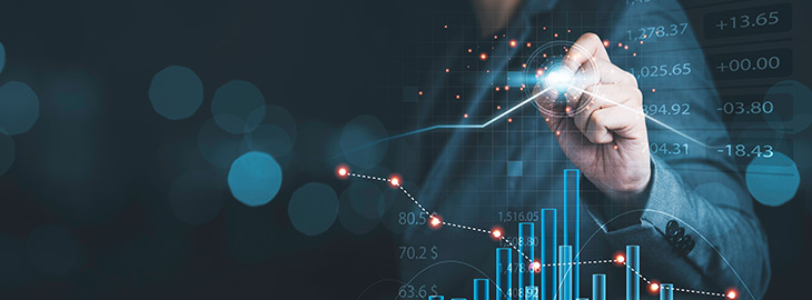 Businessman drawing virtual technical graph and chart for analysis