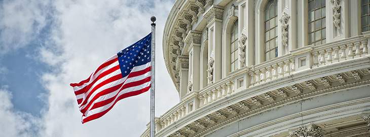 Washington DC Capitol dome detail with waving American flag