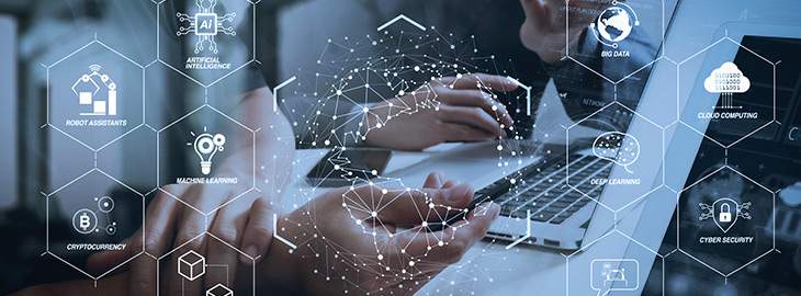 Industry 4.0 and business virtual diagram with Ai, robot assistant, Cloud, big data and automation