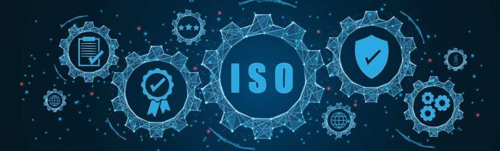 ISO standards quality control concept, assurance warranty in dark background